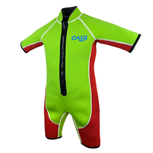 Green and red Oasis kids thermal swim suit with front zip, shown from the front