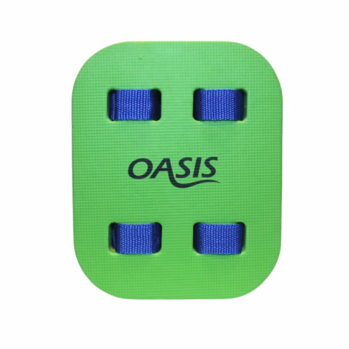 Front view of a green Oasis back float with adjustable straps for swimming support
