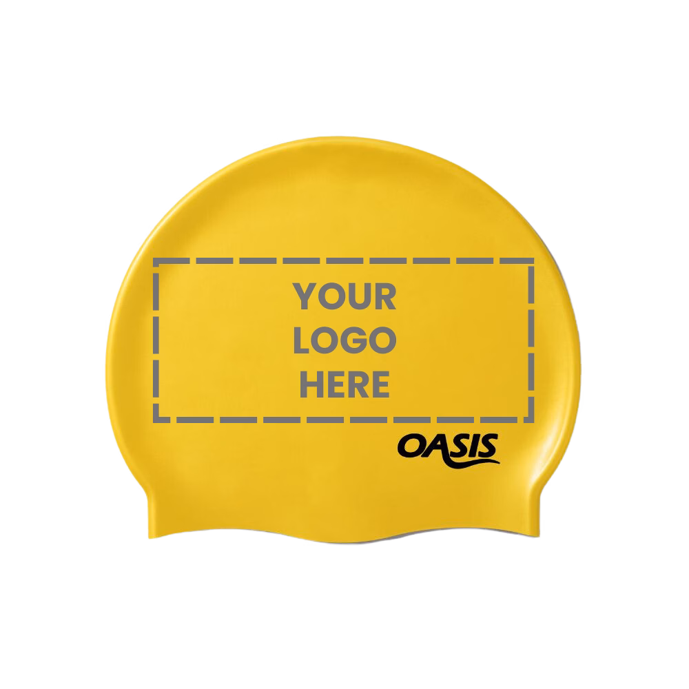 Oasis Custom Swim Cap Yellow Oasis swim cap showing custom logo placement area for personalised branding